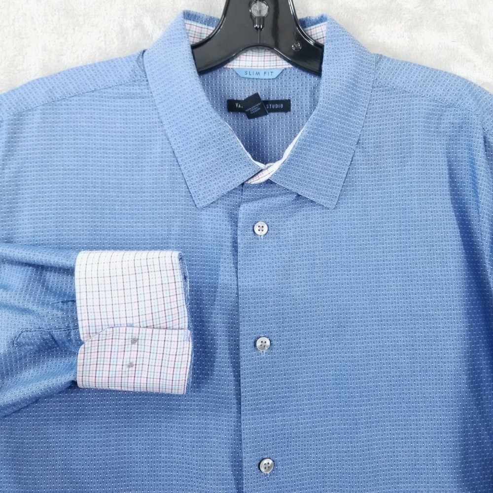 Van Huesen Studio Shirt Mens XL Blue‎ Slim Fit Dobby Geometric Flip Cuff Cotton